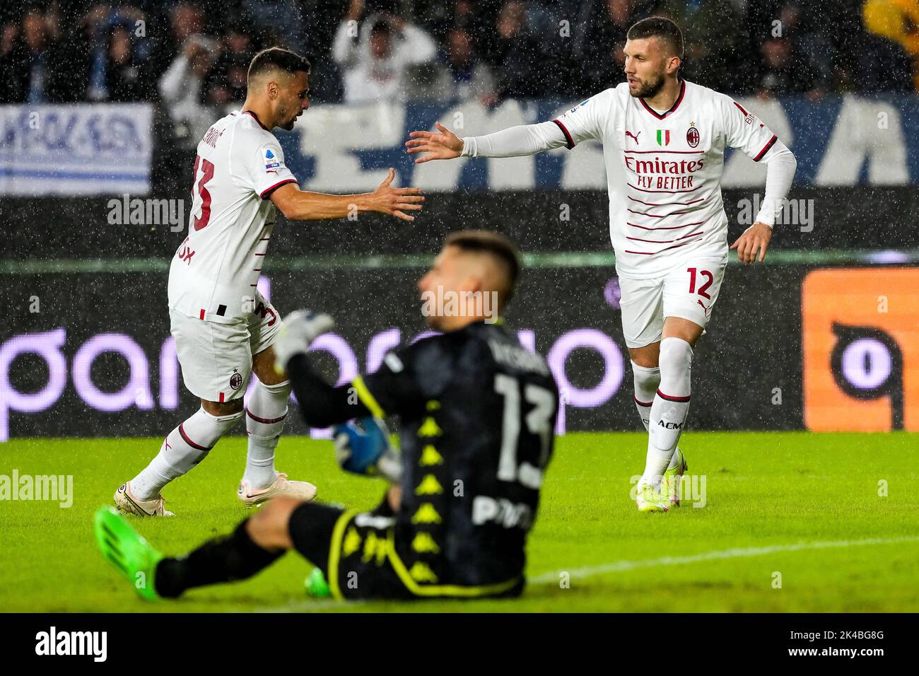 Empoli, Italy. 01st Oct, 2022. Ante Rebic of AC Milan celebrates with Rade Krunic after scoring the goal of 0-1 during the Serie A football match between Empoli FC and AC Milan at Carlo Castellani stadium in Empoli (Italy), October 1st, 2022. Photo Paolo Nucci/Insidefoto Credit: Insidefoto di andrea staccioli/Alamy Live News Stock Photo