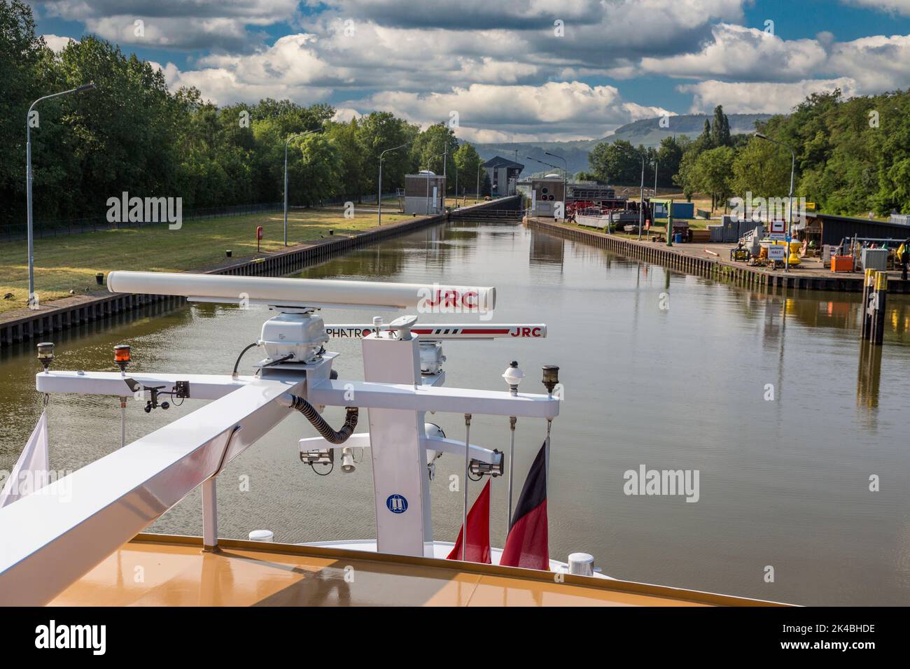 Germany.  Moselle River near Mehring.  Approaching a River Lock. Stock Photo