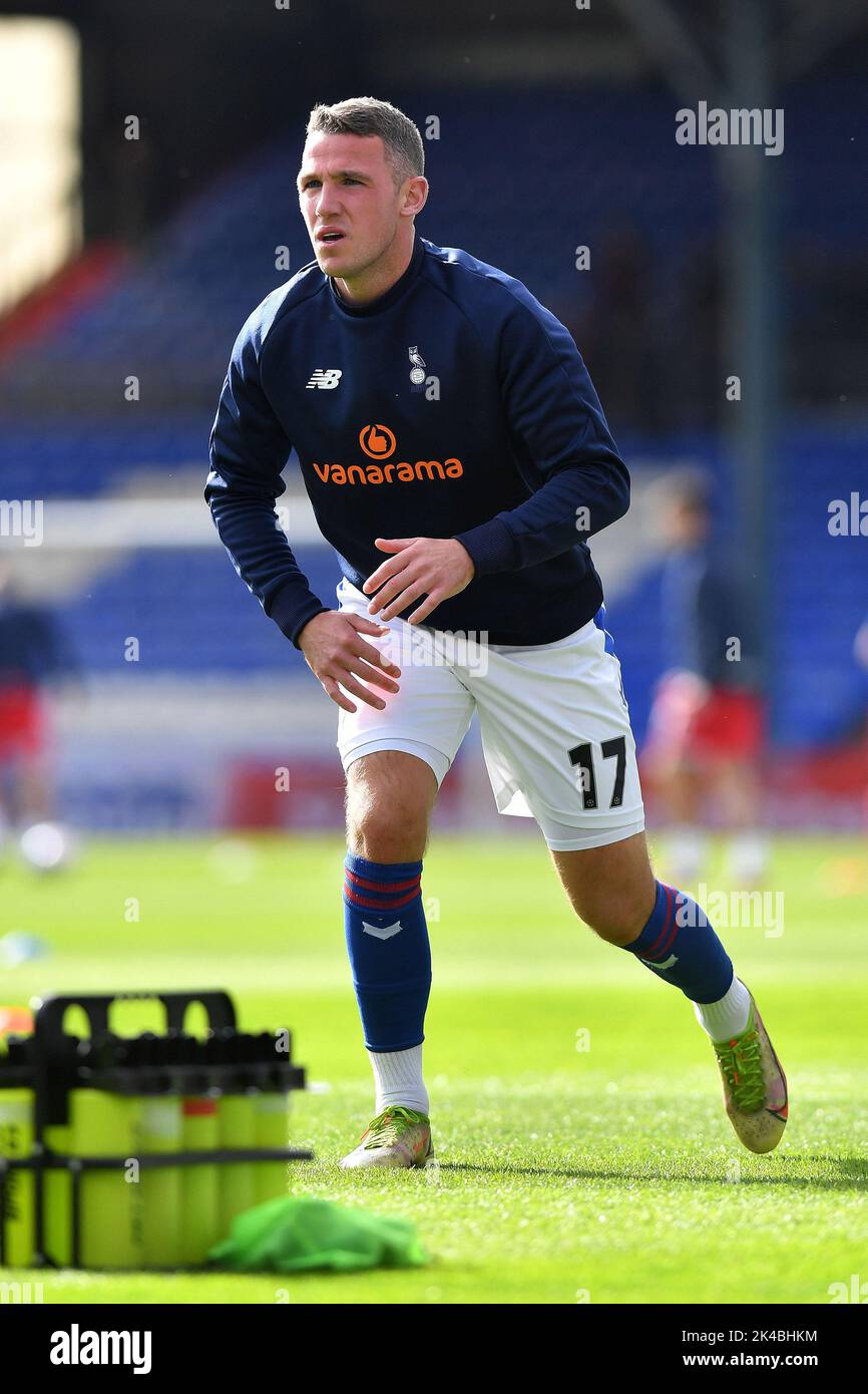 Oldham, UK. 1st October 2022during the Vanarama National League match between Oldham Athletic and Wrexham at Boundary Park, Oldham on Saturday 1st October 2022John Rooney of Oldham Athletic during the Vanarama National League match between Oldham Athletic and Wrexham at Boundary Park, Oldham on Saturday 1st October 2022. Credit: MI News & Sport /Alamy Live News Stock Photo