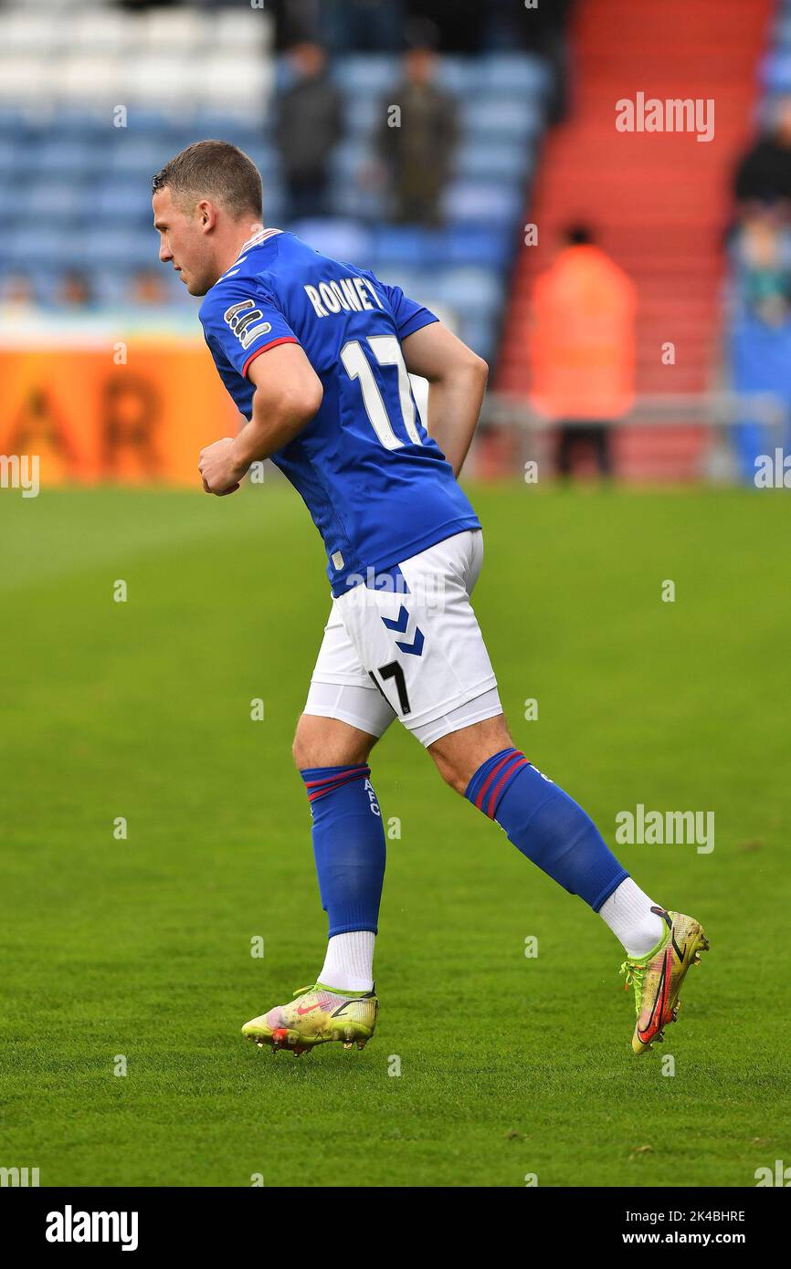 Oldham, UK. 1st October 2022during the Vanarama National League match between Oldham Athletic and Wrexham at Boundary Park, Oldham on Saturday 1st October 2022John Rooney of Oldham Athletic during the Vanarama National League match between Oldham Athletic and Wrexham at Boundary Park, Oldham on Saturday 1st October 2022. Credit: MI News & Sport /Alamy Live News Stock Photo
