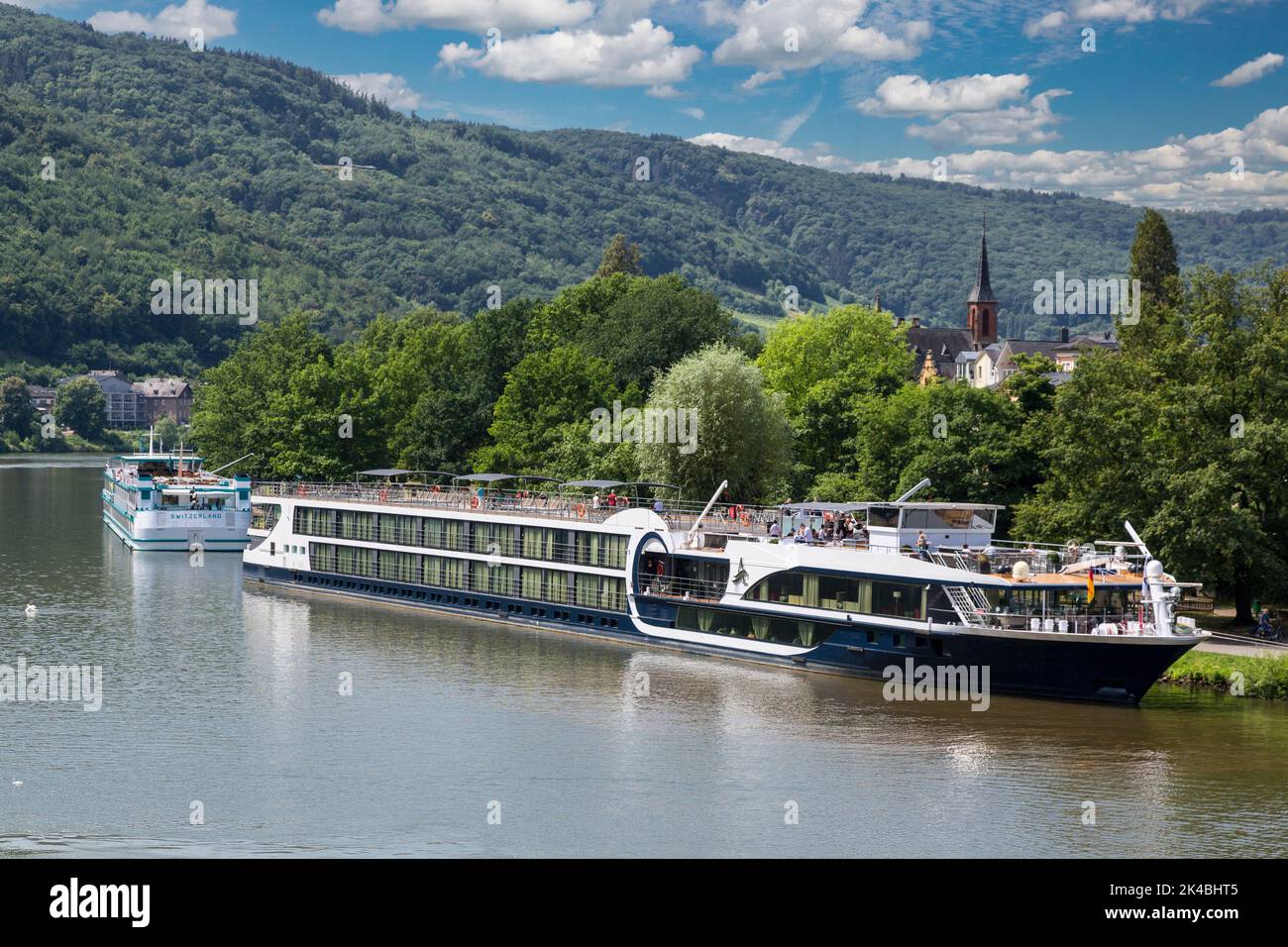 Bernkastel, Germany.  A Moselle River Cruise Boat. Stock Photo