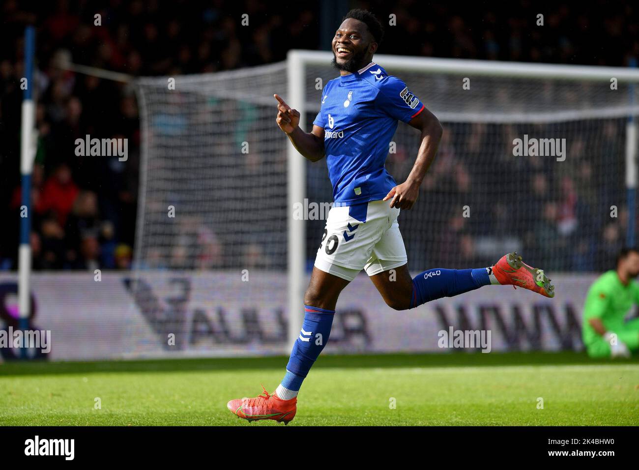 Oldham, UK. 1st October 2022during the Vanarama National League match between Oldham Athletic and Wrexham at Boundary Park, Oldham on Saturday 1st October 2022Mike Fondop-Talom of Oldham Athletic celebrates scoring his side's first goal of the game during the Vanarama National League match between Oldham Athletic and Wrexham at Boundary Park, Oldham on Saturday 1st October 2022. Credit: MI News & Sport /Alamy Live News Stock Photo
