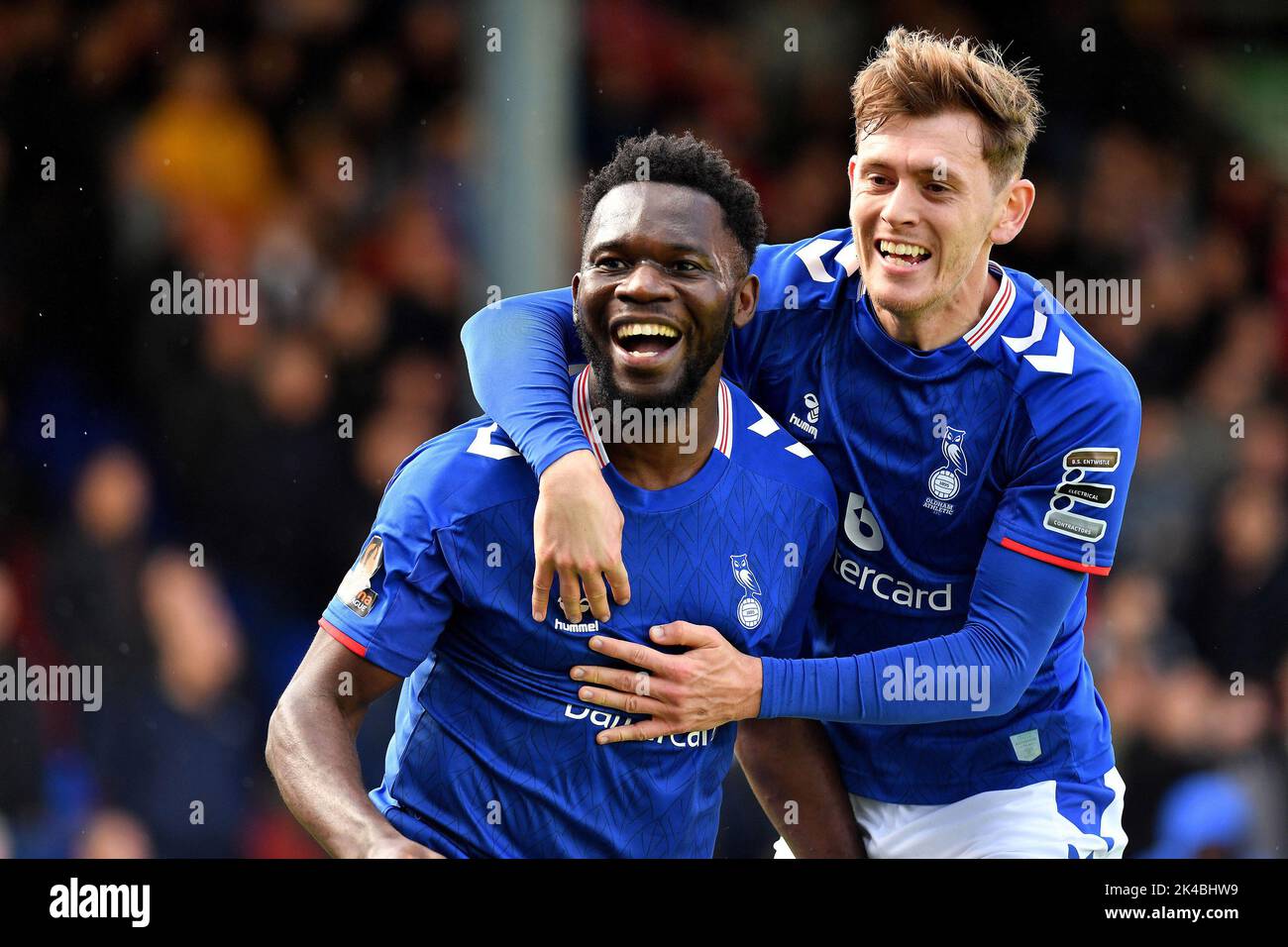 Oldham, UK. 1st October 2022during the Vanarama National League match between Oldham Athletic and Wrexham at Boundary Park, Oldham on Saturday 1st October 2022Mike Fondop-Talom of Oldham Athletic celebrates scoring his side's first goal of the game with Ben Tollitt of Oldham Athletic during the Vanarama National League match between Oldham Athletic and Wrexham at Boundary Park, Oldham on Saturday 1st October 2022. Credit: MI News & Sport /Alamy Live News Stock Photo