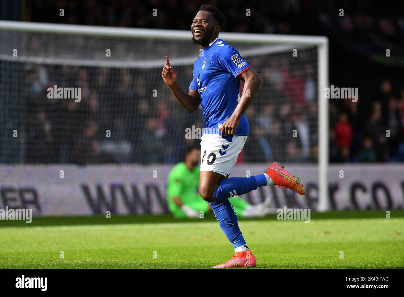 Oldham, UK. 1st October 2022during the Vanarama National League match between Oldham Athletic and Wrexham at Boundary Park, Oldham on Saturday 1st October 2022Mike Fondop-Talom of Oldham Athletic celebrates scoring his side's first goal of the game during the Vanarama National League match between Oldham Athletic and Wrexham at Boundary Park, Oldham on Saturday 1st October 2022. Credit: MI News & Sport /Alamy Live News Stock Photo