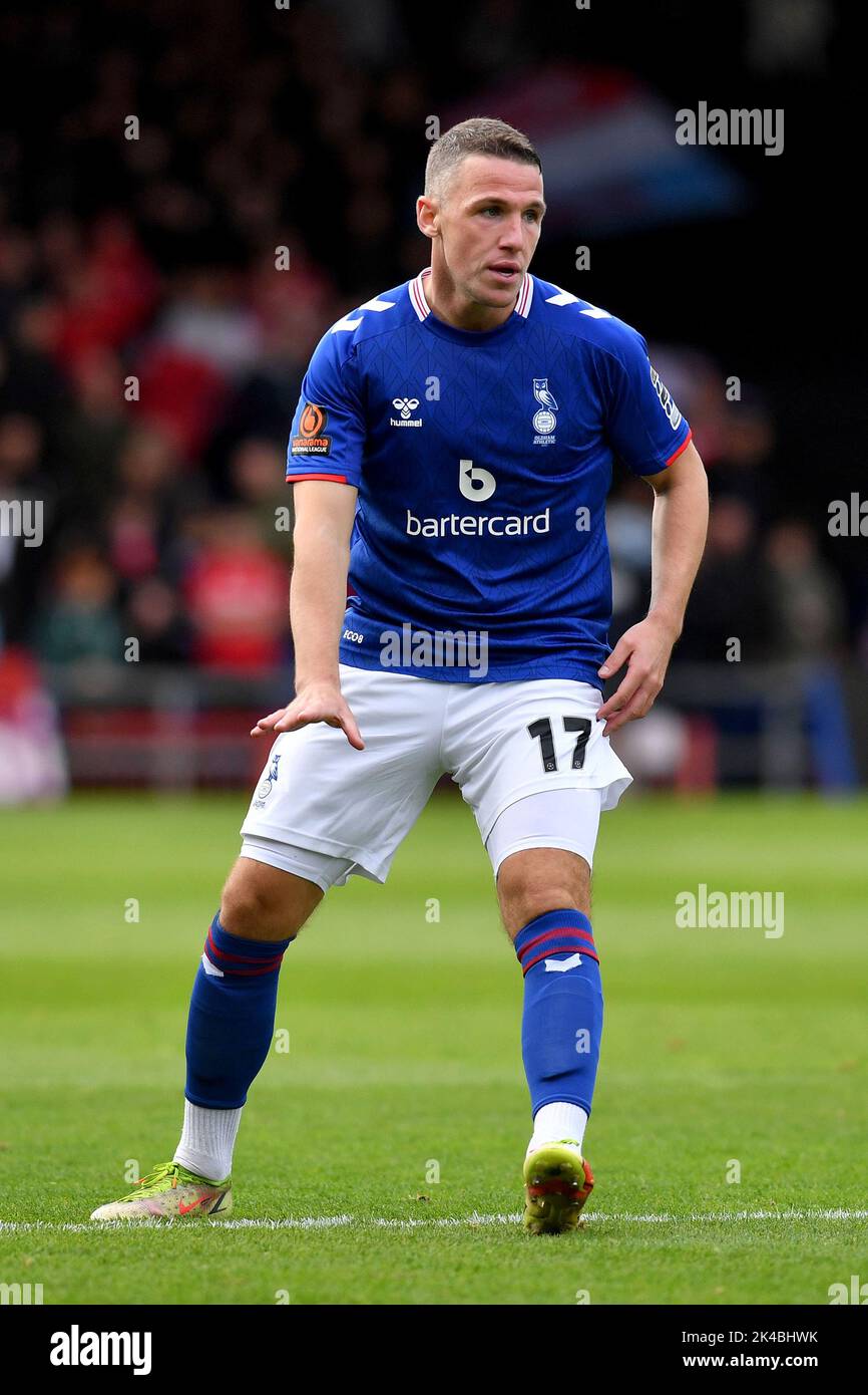 Oldham, UK. 1st October 2022during the Vanarama National League match between Oldham Athletic and Wrexham at Boundary Park, Oldham on Saturday 1st October 2022John Rooney of Oldham Athletic during the Vanarama National League match between Oldham Athletic and Wrexham at Boundary Park, Oldham on Saturday 1st October 2022. Credit: MI News & Sport /Alamy Live News Stock Photo