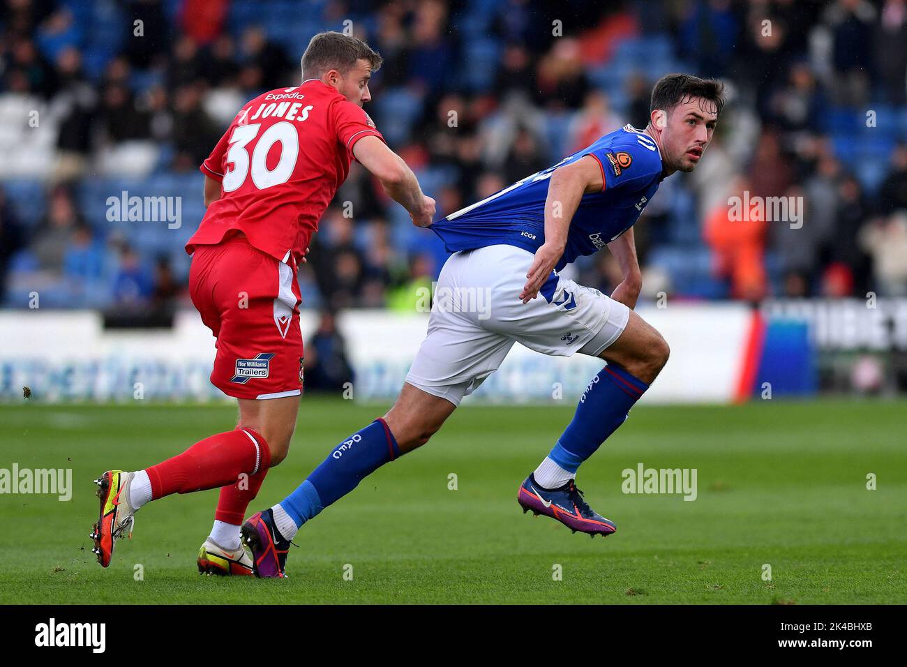 Oldham, UK. 1st October 2022during the Vanarama National League match between Oldham Athletic and Wrexham at Boundary Park, Oldham on Saturday 1st October 2022James Carragher of Oldham Athletic during the Vanarama National League match between Oldham Athletic and Wrexham at Boundary Park, Oldham on Saturday 1st October 2022. Credit: MI News & Sport /Alamy Live News Stock Photo