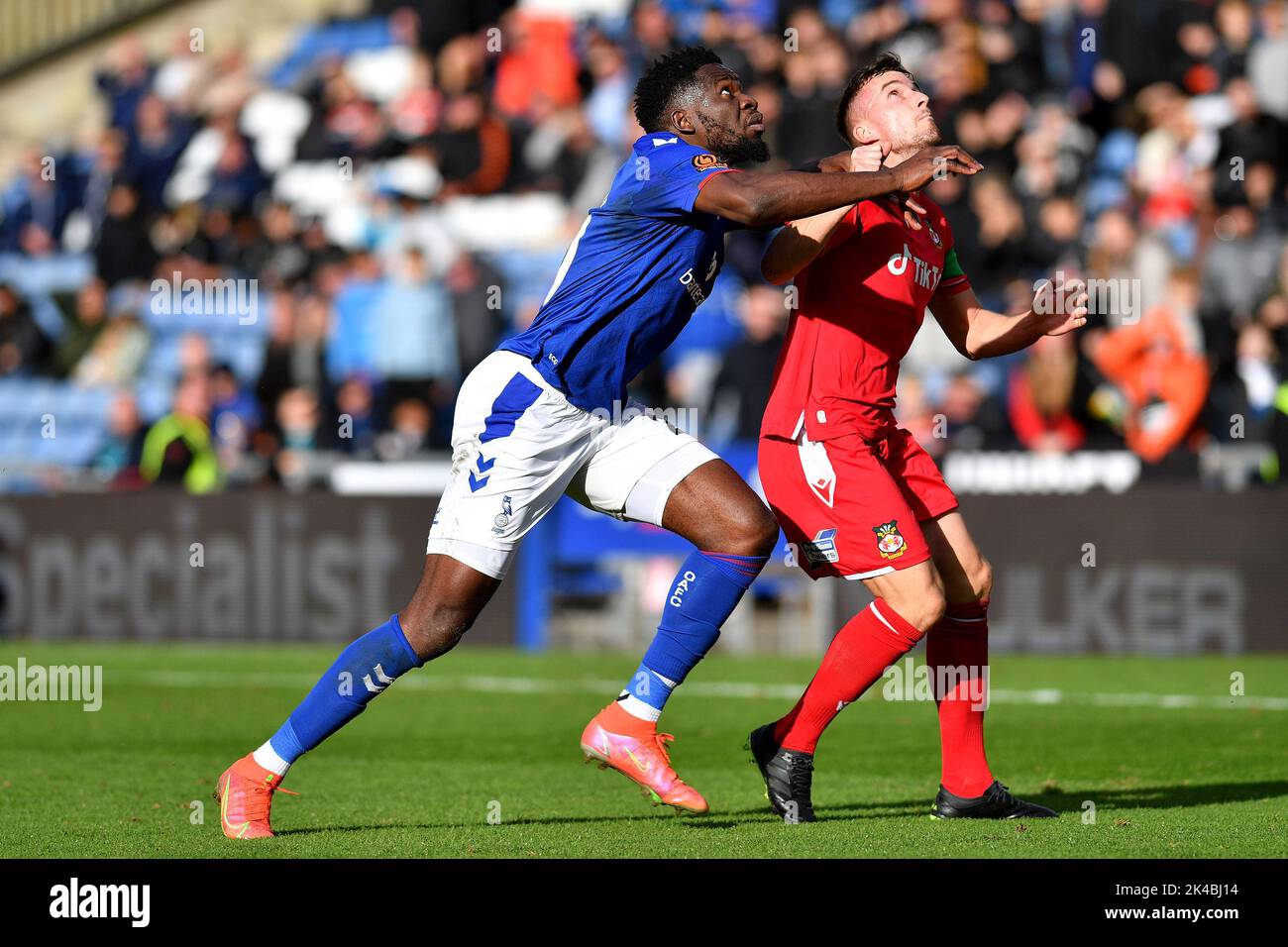 Oldham, UK. 1st October 2022during the Vanarama National League match between Oldham Athletic and Wrexham at Boundary Park, Oldham on Saturday 1st October 2022Mike Fondop-Talom of Oldham Athletic during the Vanarama National League match between Oldham Athletic and Wrexham at Boundary Park, Oldham on Saturday 1st October 2022. Credit: MI News & Sport /Alamy Live News Stock Photo