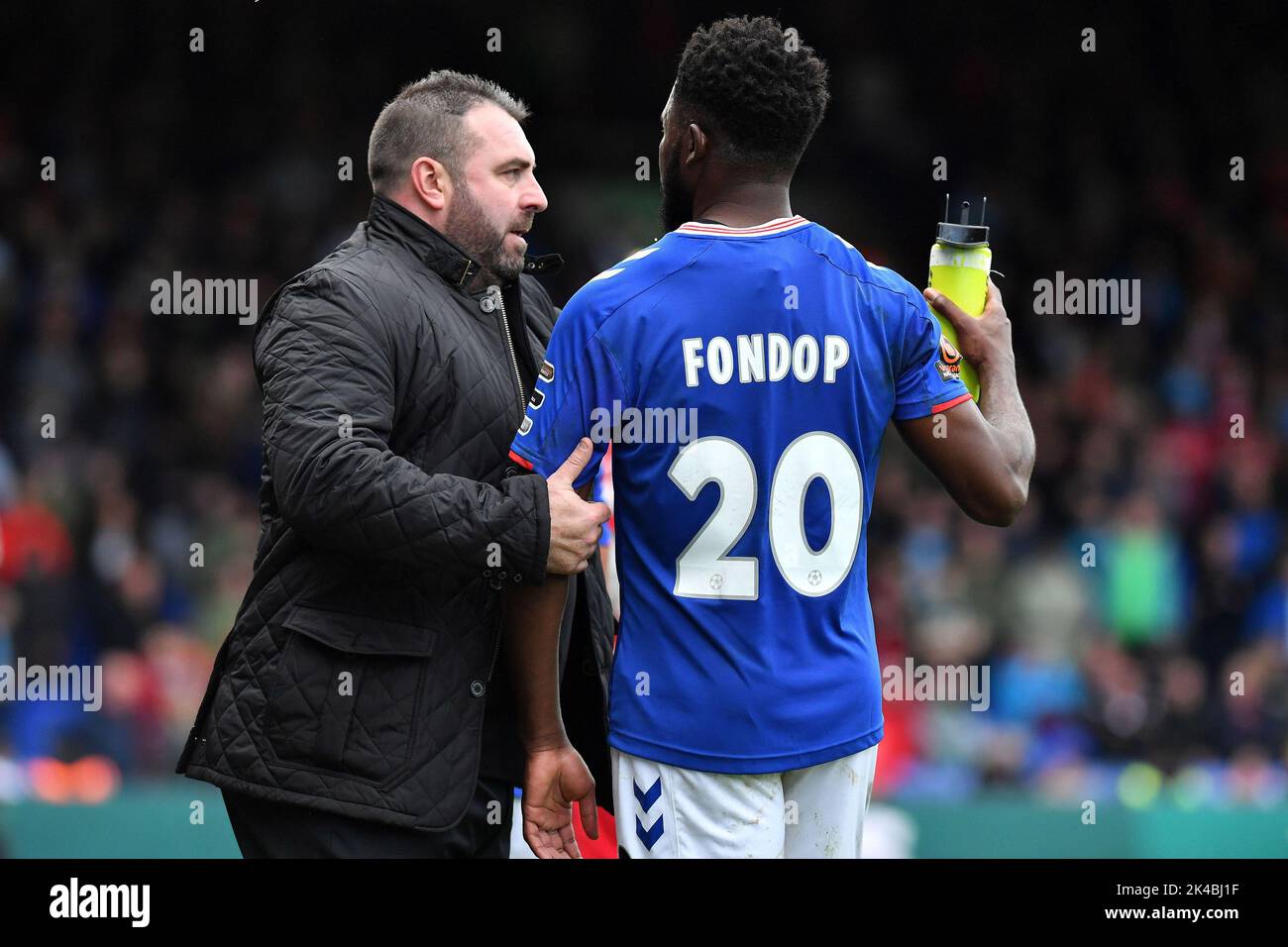 Oldham, UK. 1st October 2022during the Vanarama National League match between Oldham Athletic and Wrexham at Boundary Park, Oldham on Saturday 1st October 2022Mike Fondop-Talom of Oldham Athletic during the Vanarama National League match between Oldham Athletic and Wrexham at Boundary Park, Oldham on Saturday 1st October 2022. Credit: MI News & Sport /Alamy Live News Stock Photo