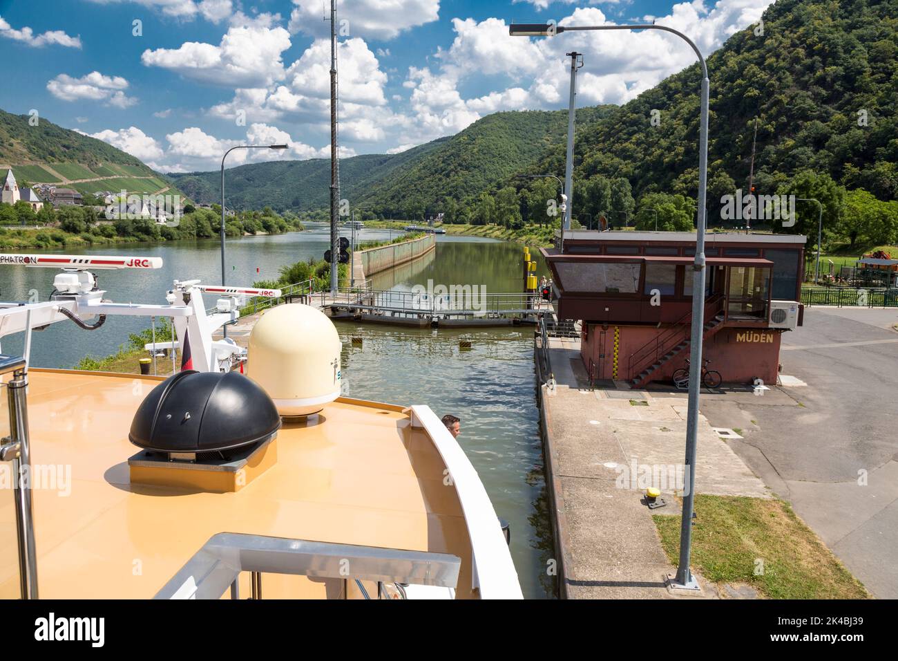 Müden, Germany. Cruise Boat in a  Moselle River Lock. Stock Photo