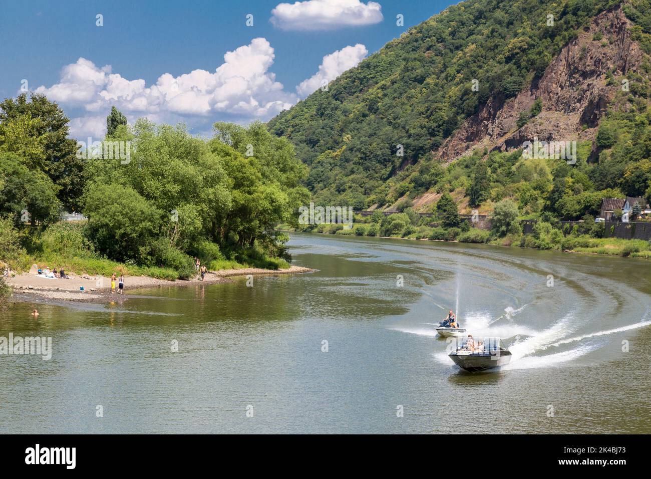 Germany.  Pleasure Boat and Jet Ski on the Moselle near Moselkern. Stock Photo