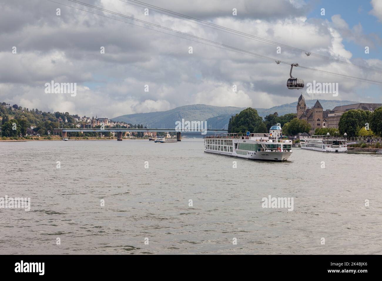 Koblenz, Germany.  Cable Gondolas Cross the Rhine going to Ehrenbreitstein Castle. Stock Photo