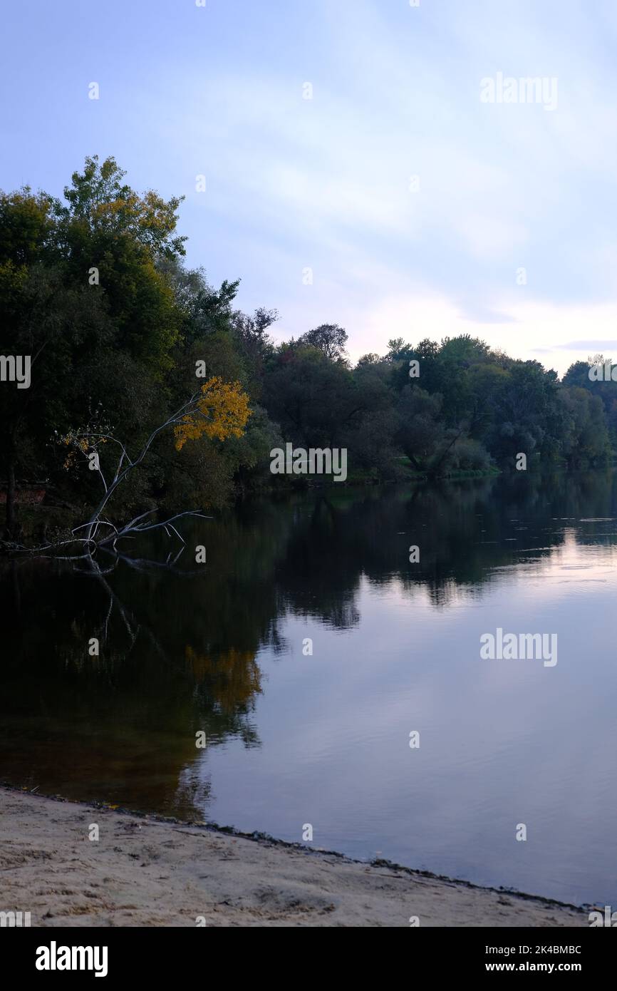Autumn fall in park with yellow leaves trees and lake Stock Photo - Alamy