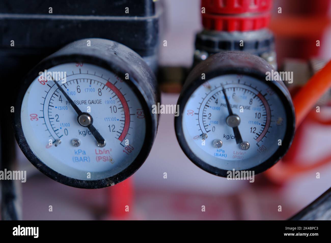 Pressure gauge, measuring instrument on pneumatic control system. Pressure differential gauge