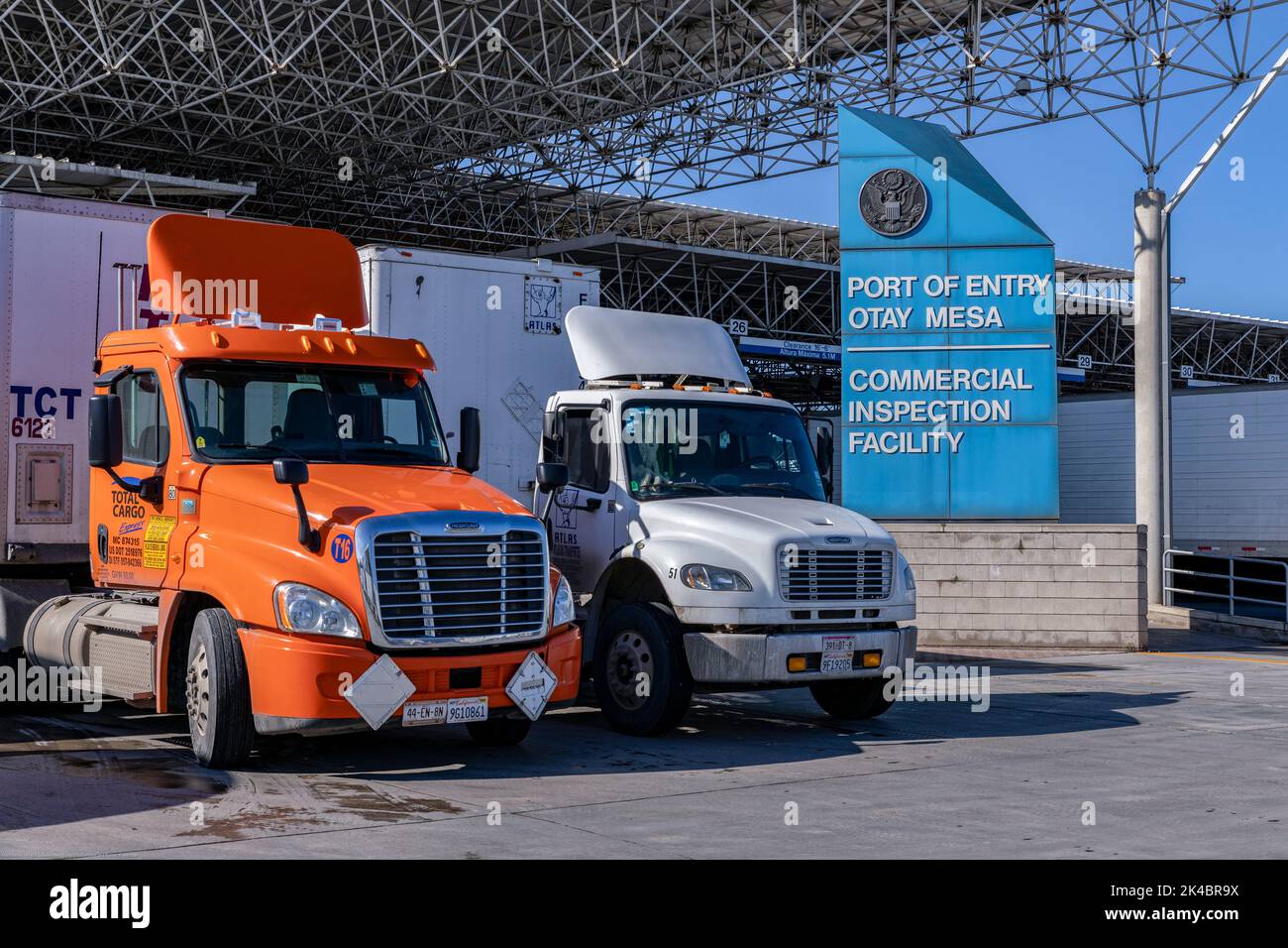 U.S. Customs and Border Protection, Office of Field Operations, continues to process and inspect cargo following the implementation of Title 42 USC 265 due to the Coronavirus Pandemic, at the Otay Mesa Port of Entry Commercial Inspection Facility near San Diego, Calif., March 27, 2020. Photos by: Mani Albrecht Stock Photo