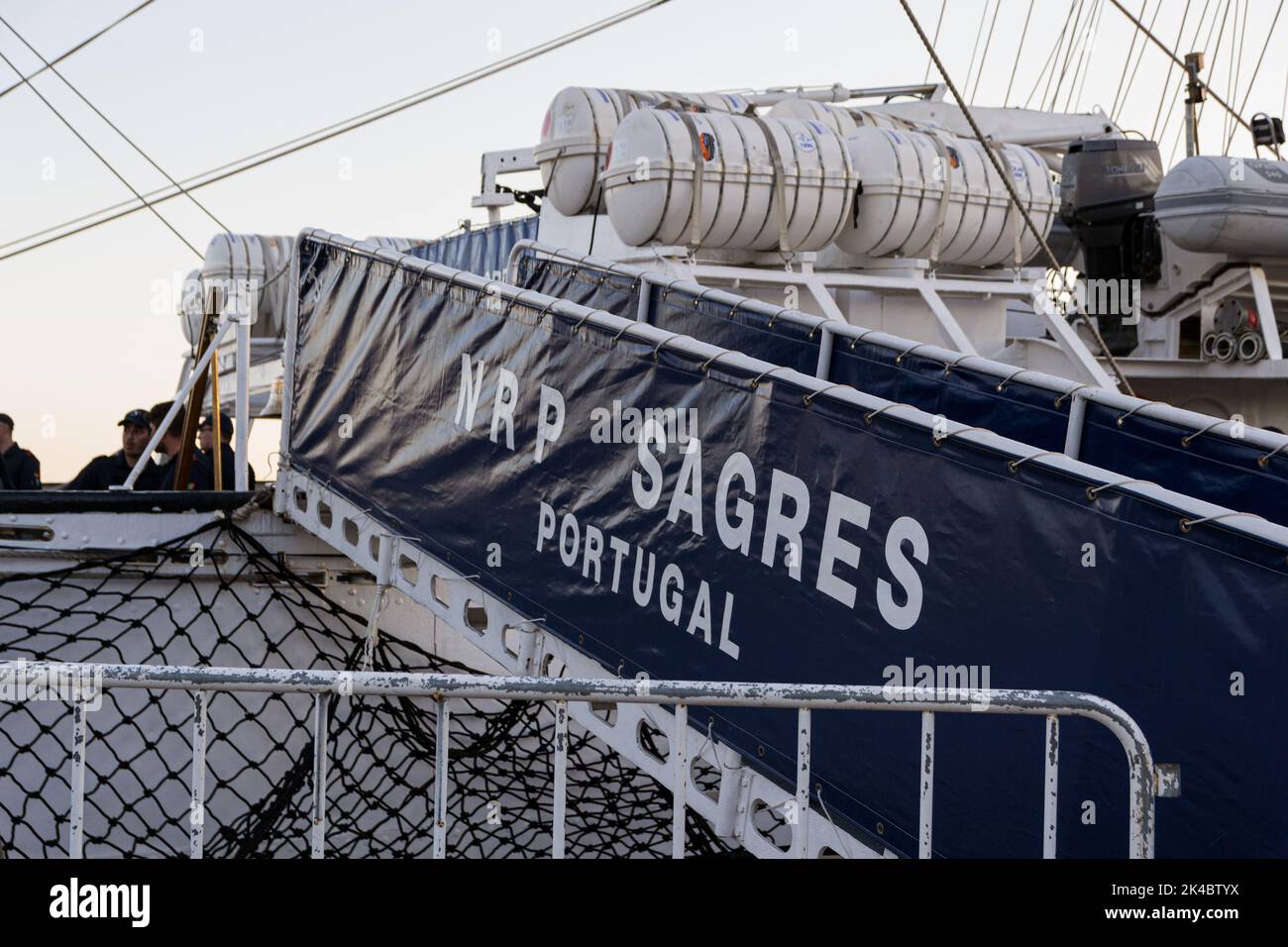 The famous Navio Escola Sagres docking in Setubal, Portugal for open public visits Stock Photo