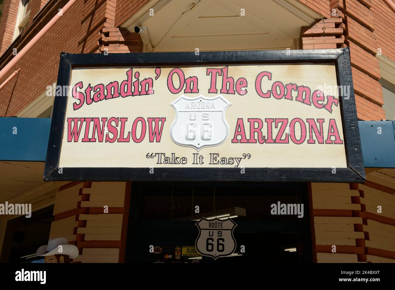 Overhead sign outside the gift store on the corner in Winslow, Arizona