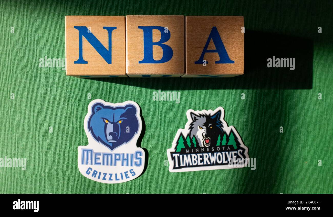 April 18, 2022, New York, USA. Emblems of the Minnesota Timberwolves and Memphis Grizzlies National Basketball Association playoffs. Stock Photo