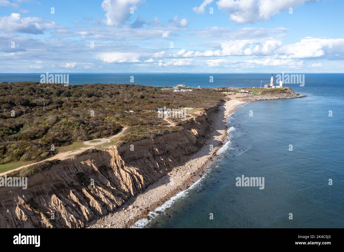 Aerial view of the Montauk Lighthouse and beach in Long Island, New