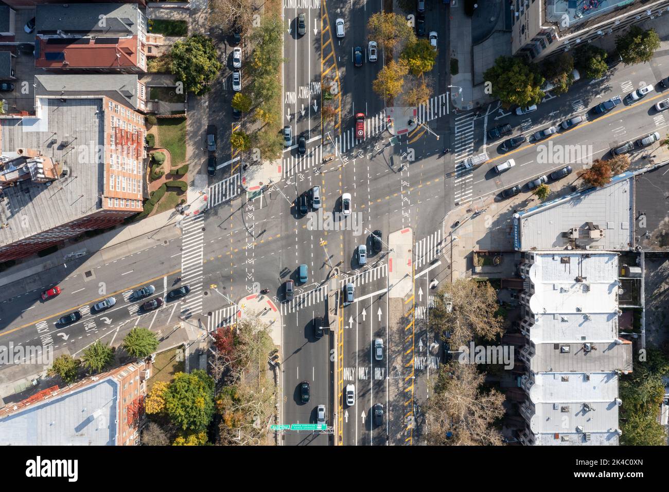 Aerial streetscape view long Ocean Parkway in Brooklyn, New York Stock