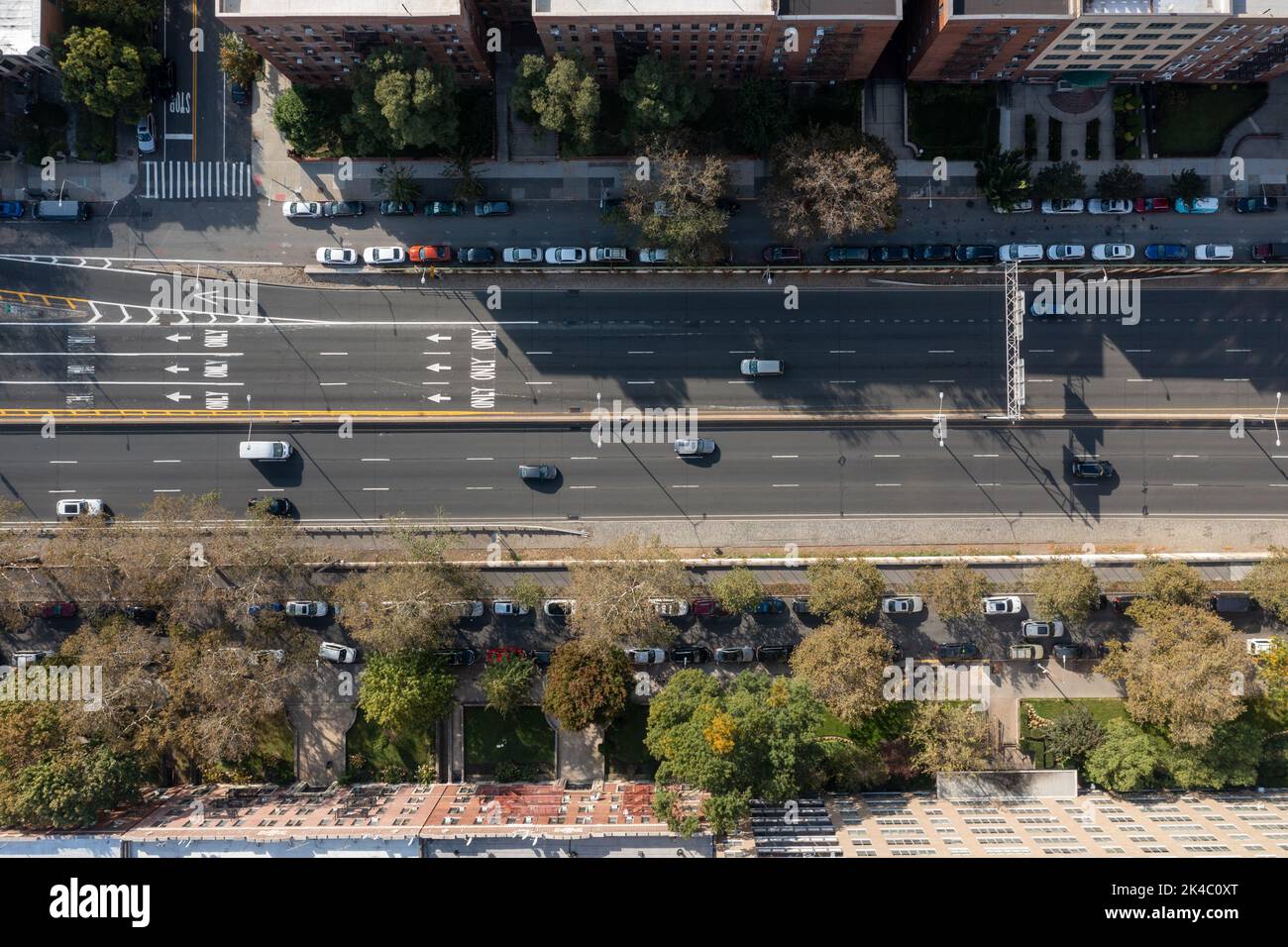 Aerial streetscape view long Ocean Parkway in Brooklyn, New York Stock