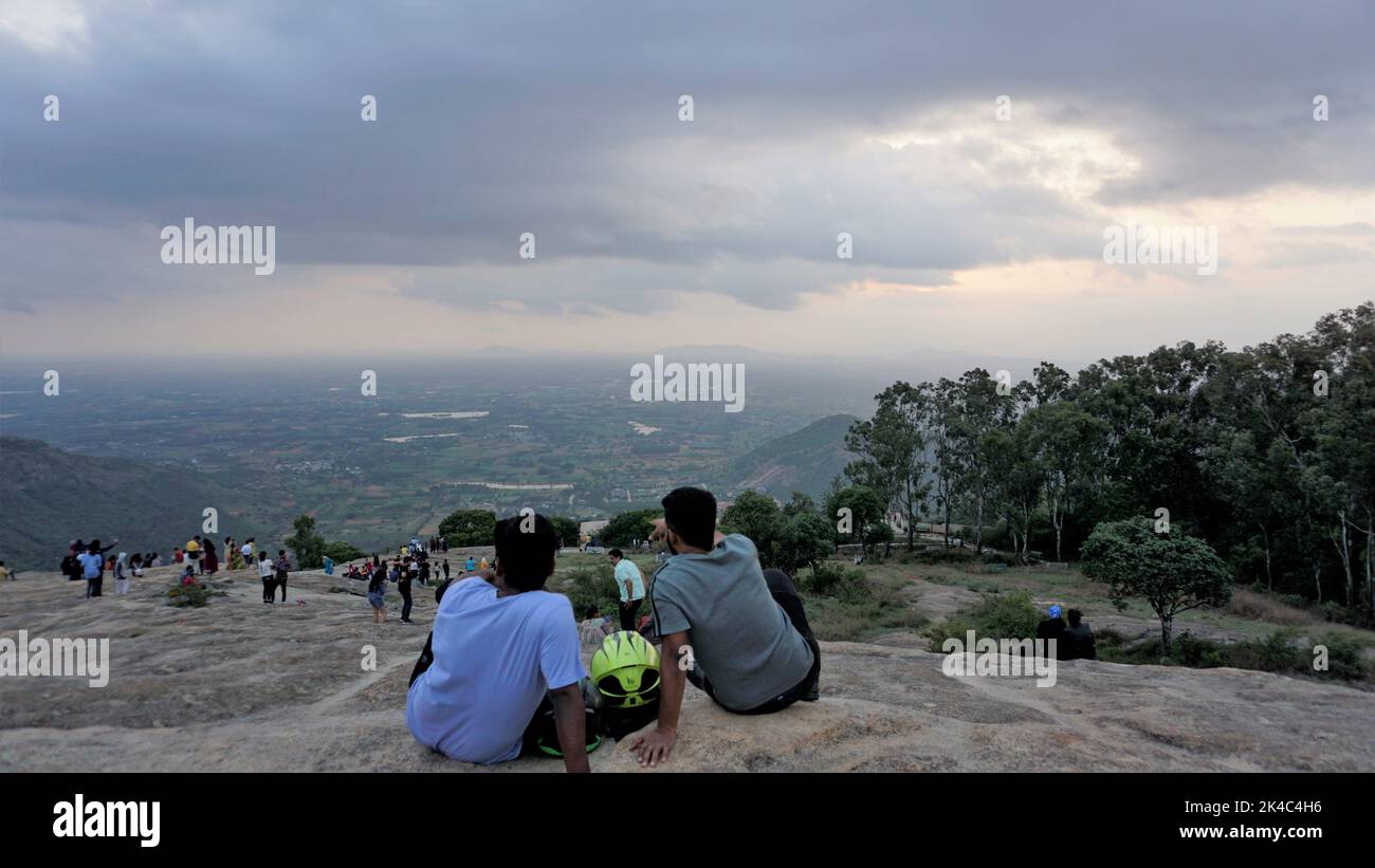 Nandi hills, Karnataka,IndiaMay 22 2022 Tourists enjoying the