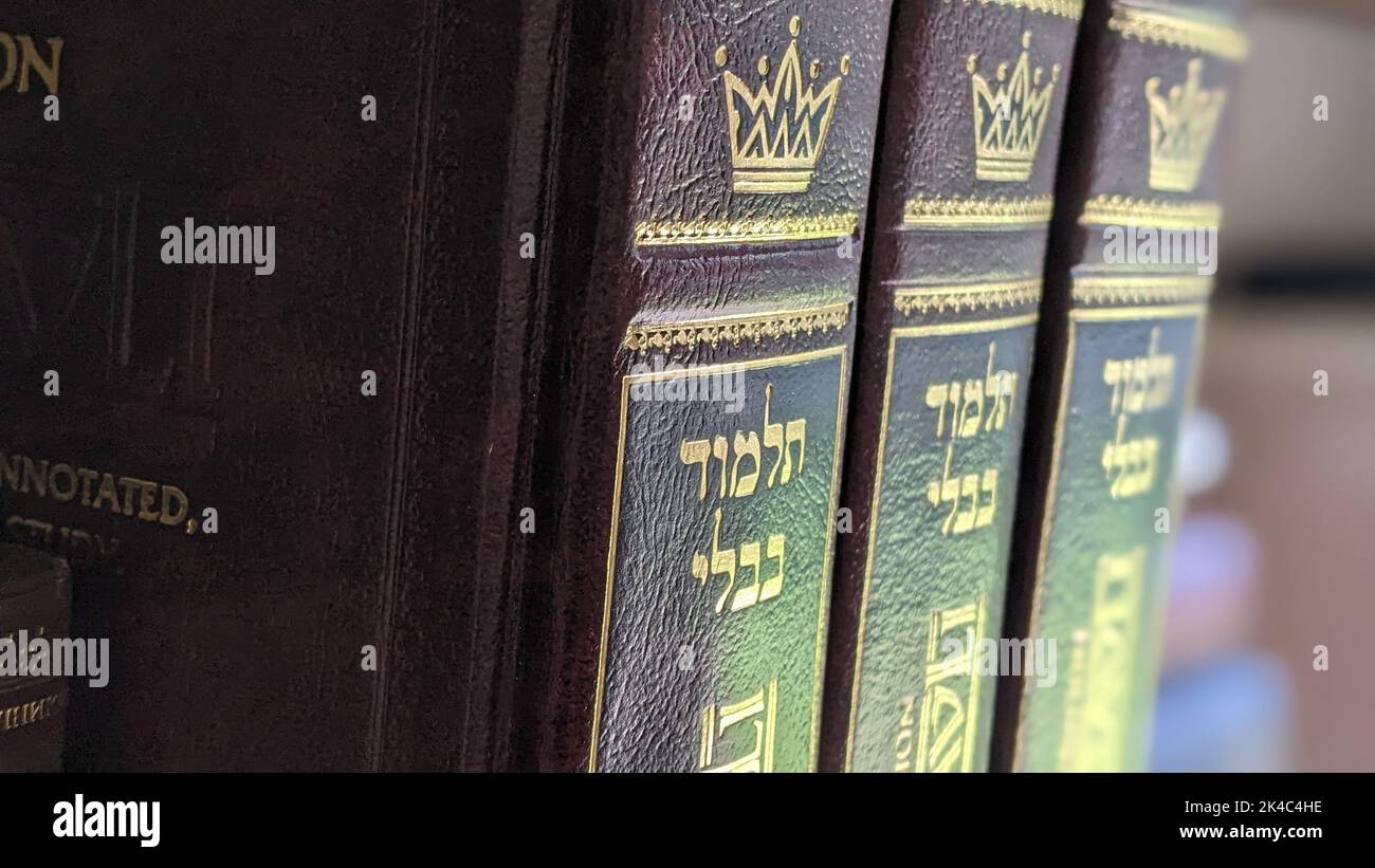 Volumes of Babylonian Talmud on the Shelf Stock Photo