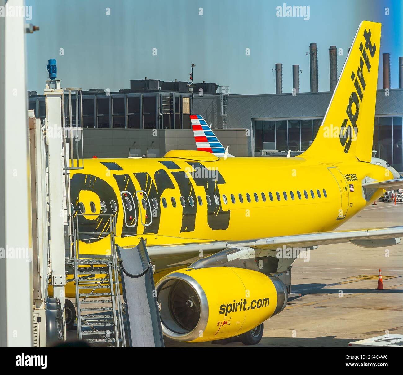 Spirit Airlines Aircraft parked at O'Hare Airport, Chicago, IL Stock