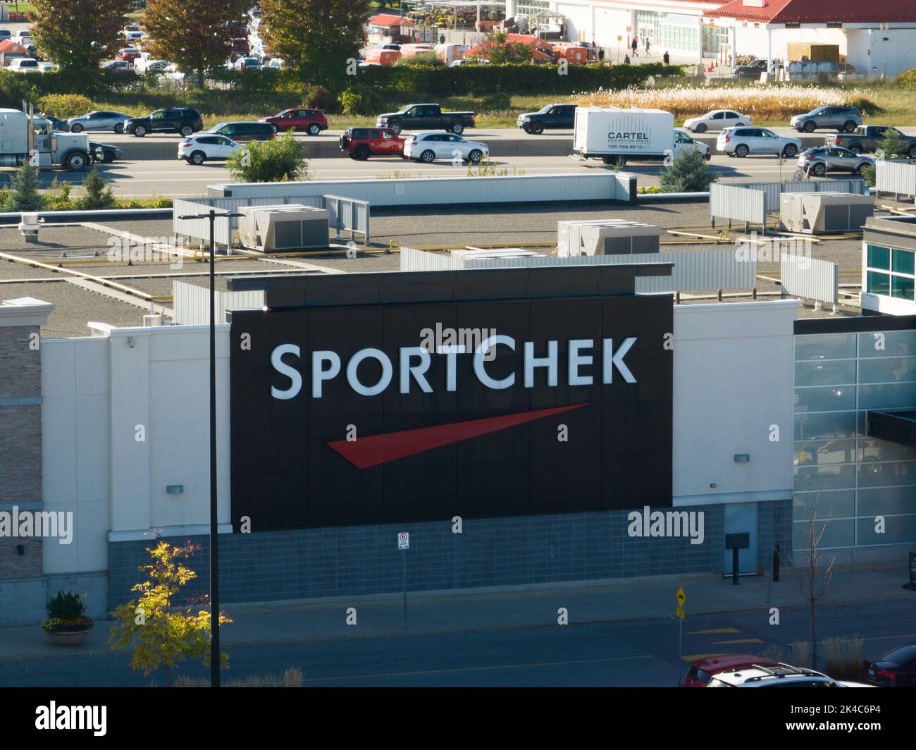 An aerial view of the SportChek logo on the side of a store; SportChek