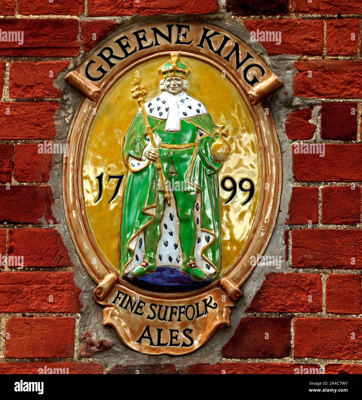 Greene King Brewery plaque, Castle Acre, Norfolk, England, UK Stock Photo