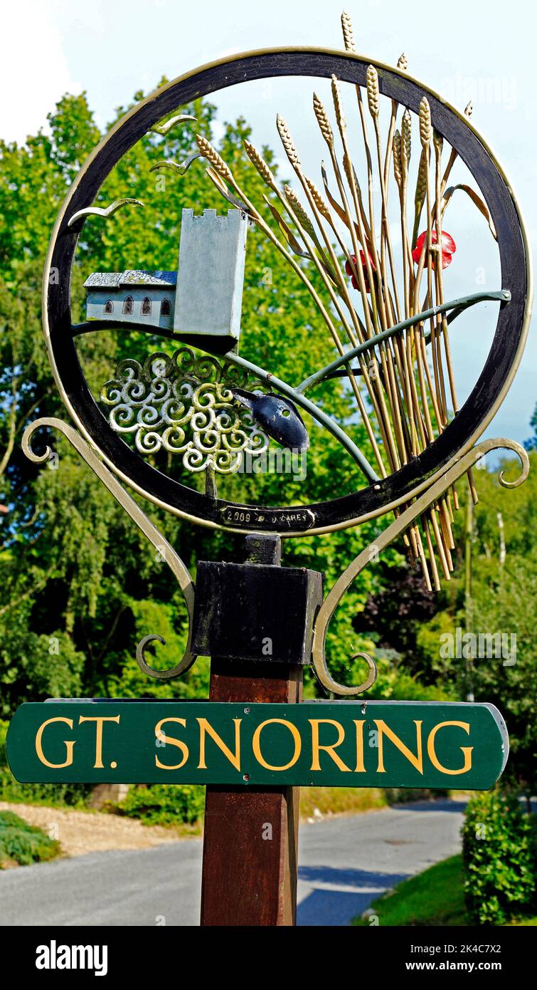 Gt. Snoring, village sign, bizarre English village name, names, Norfolk, England, UK, Great Snoring Stock Photo