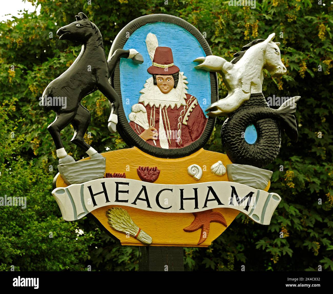 Heacham, Village sign, Pocahontas, Norfolk, England, UK Stock Photo