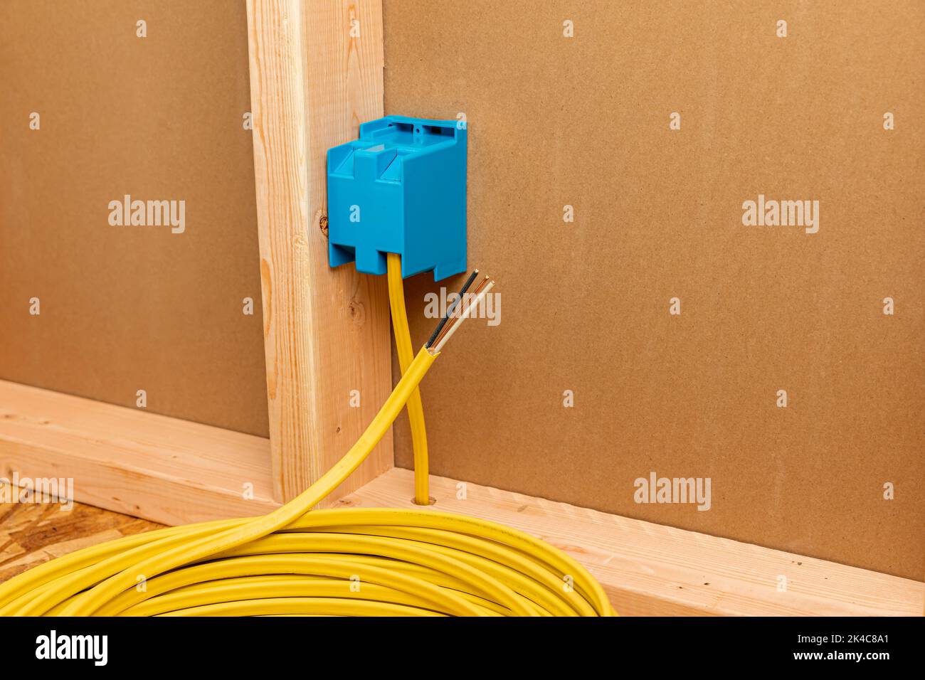 Copper electrical wiring in wall of house. Home construction