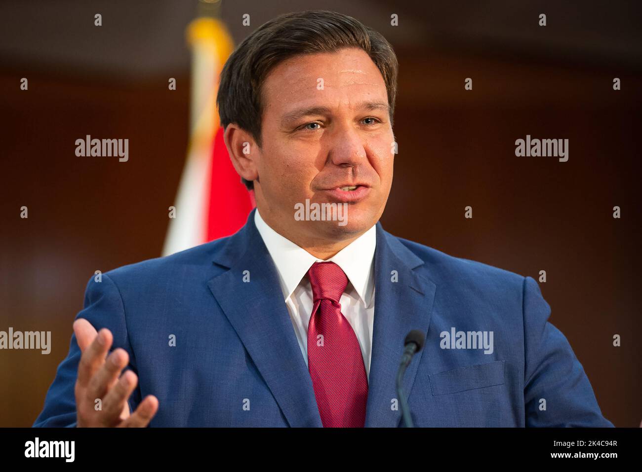 Florida Governor Ron DeSantis speaking at a Florida State Capitol press conference on Florida election integrity on November 4, 2020. (USA) Stock Photo