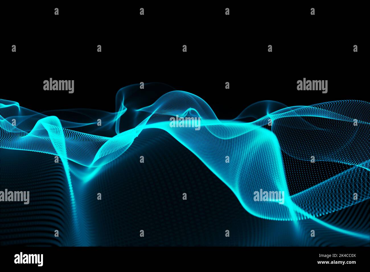 Abstract illustration of glowing blue digital mesh wave against black ...