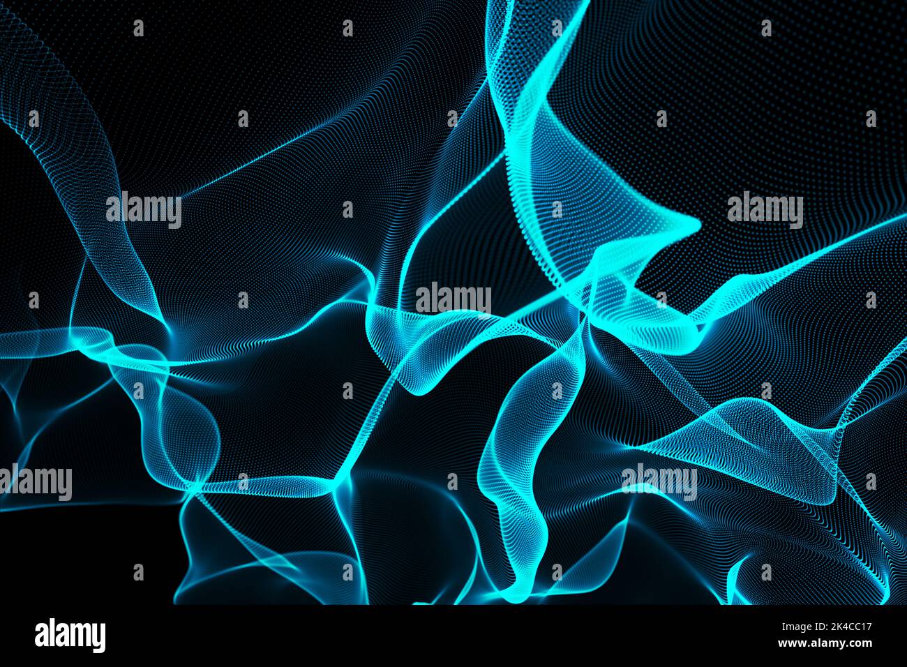 Abstract illustration of glowing blue digital mesh wave against black ...