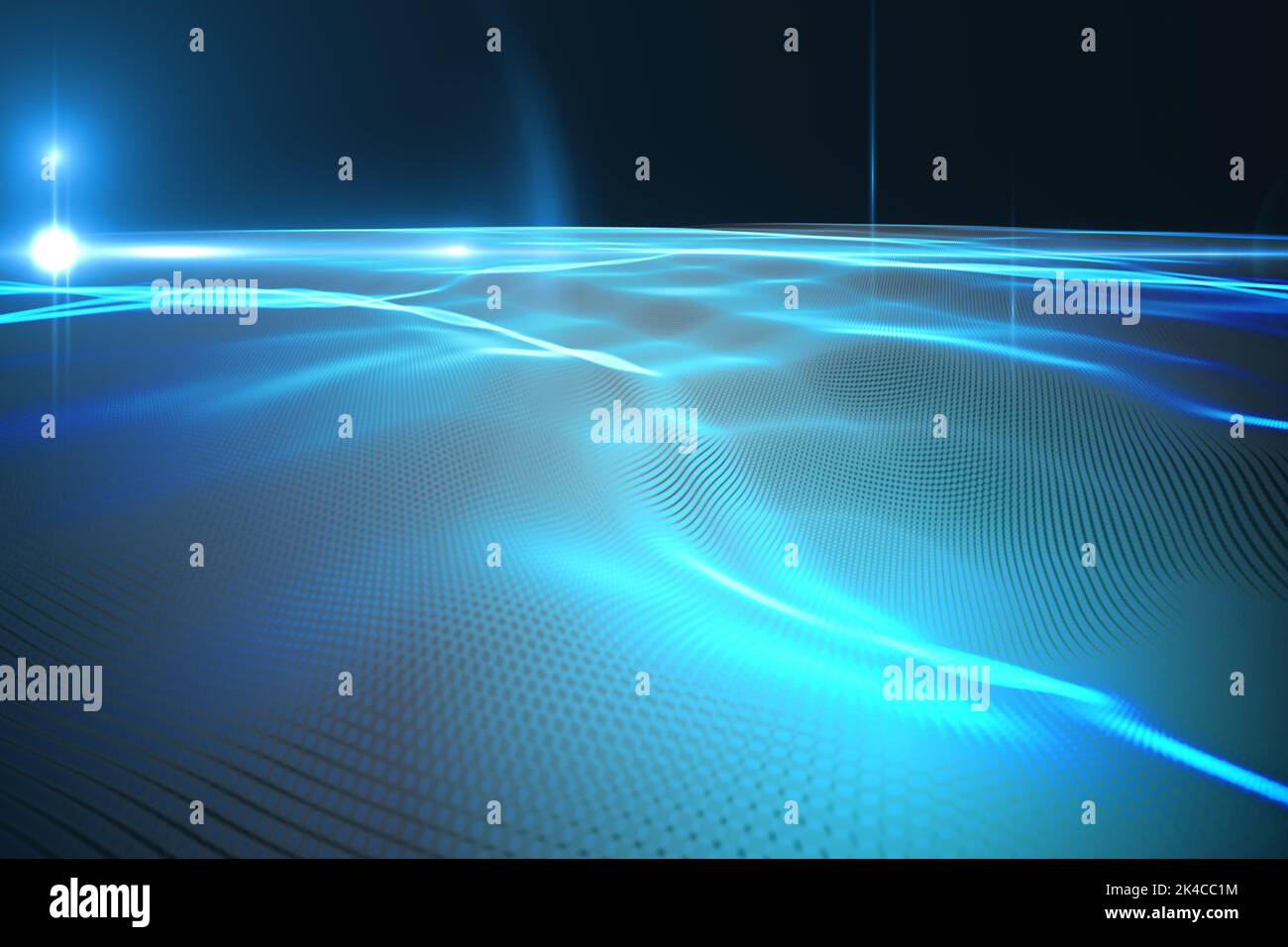 Abstract illustration of glowing blue digital wave and spot of light ...