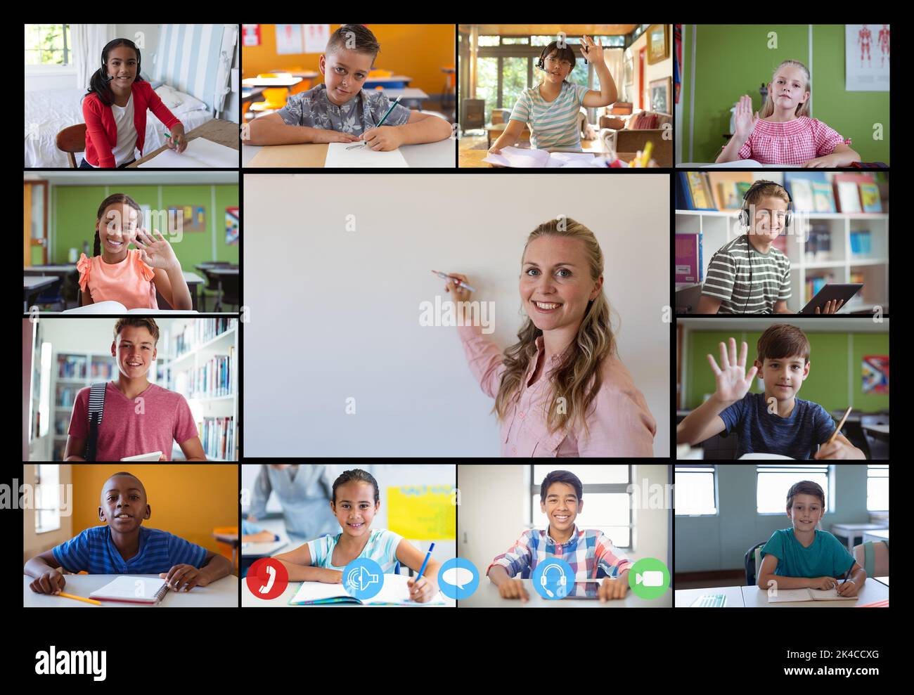Video call interface with caucasian female teacher and schoolchildren ...