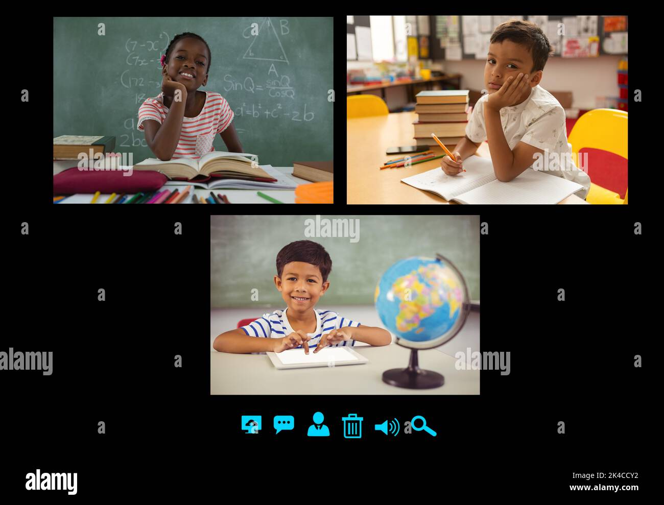 Video call interface with schoolchildren on screen. communication ...