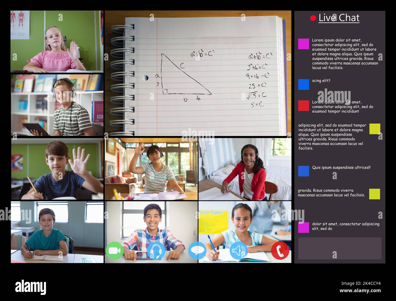 Video call interface with schoolchildren on screen. communication ...