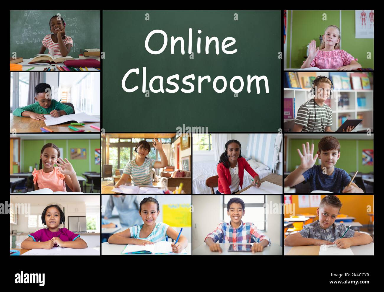 Video call interface with schoolchildren on screen. communication ...