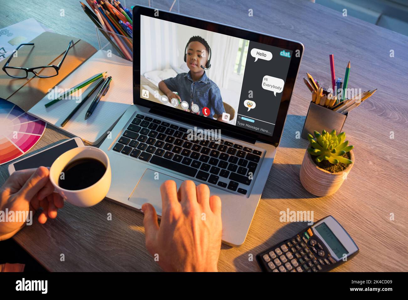 Hands of man using laptop for video call, with african american ...
