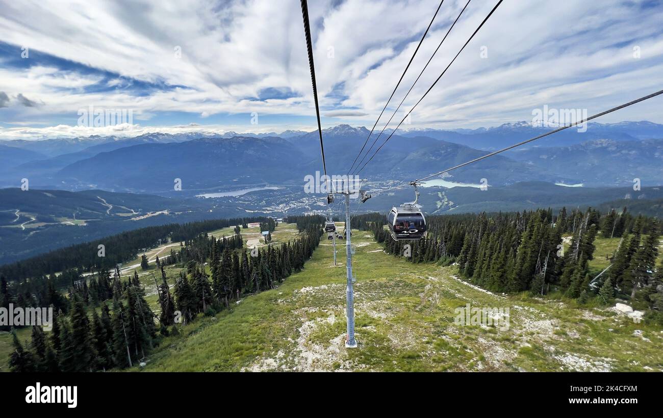 The Blackcomb Gondola cable car over mountains in Whistler, BC, Canada ...