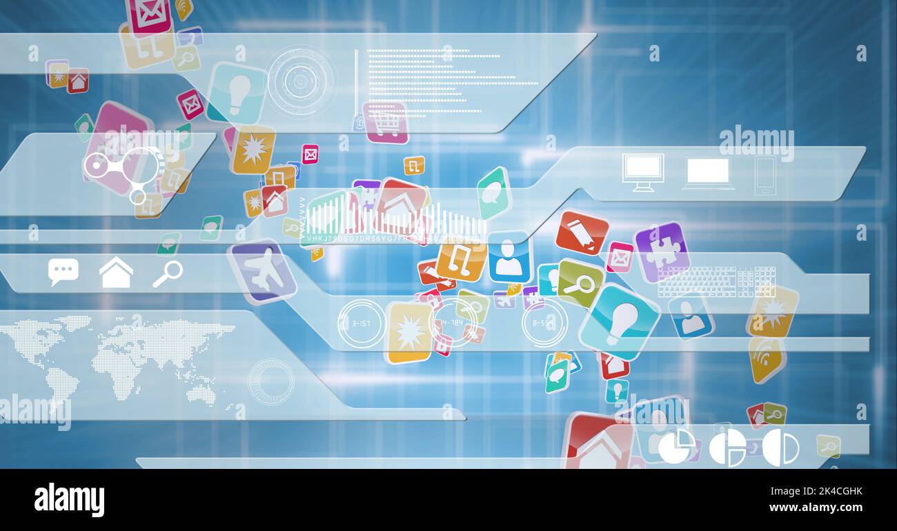 Composition of digital icons over computer circuit board on blue background. global technology, data processing and digital interface concept digitall Stock Photo