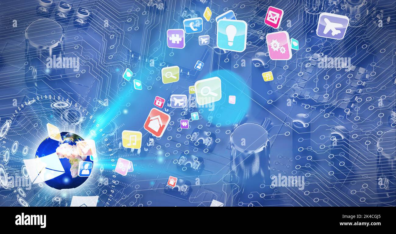 Animation world map circuit connections - Composition Of Globe And Digital Icons Over Computer Circuit Board Global Connections Technology And Digital Interface Concept Digitally Generated I 2K4CGJ5