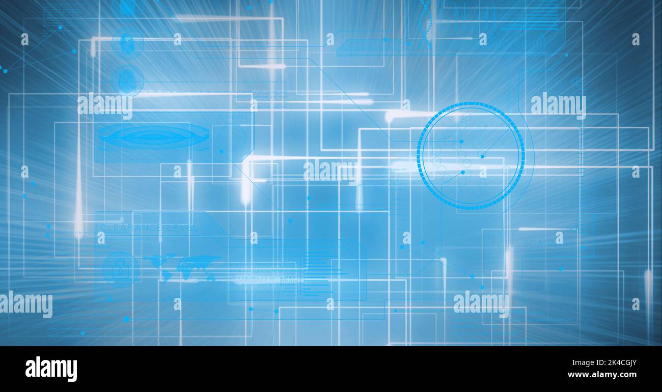 Composition of digital data processing over glowing light trails on blue background. global technology, data processing and digital interface concept Stock Photo