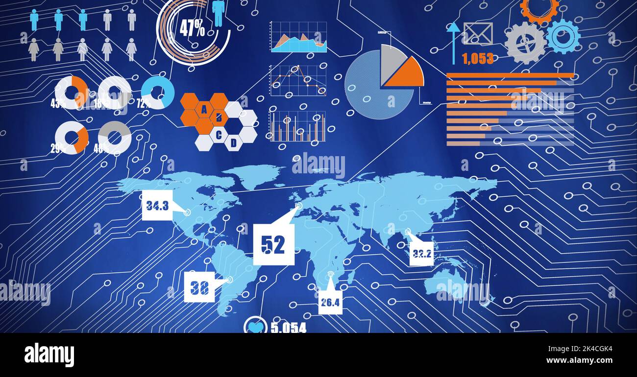 Composition of digital icons over world map and computer circuit board ...