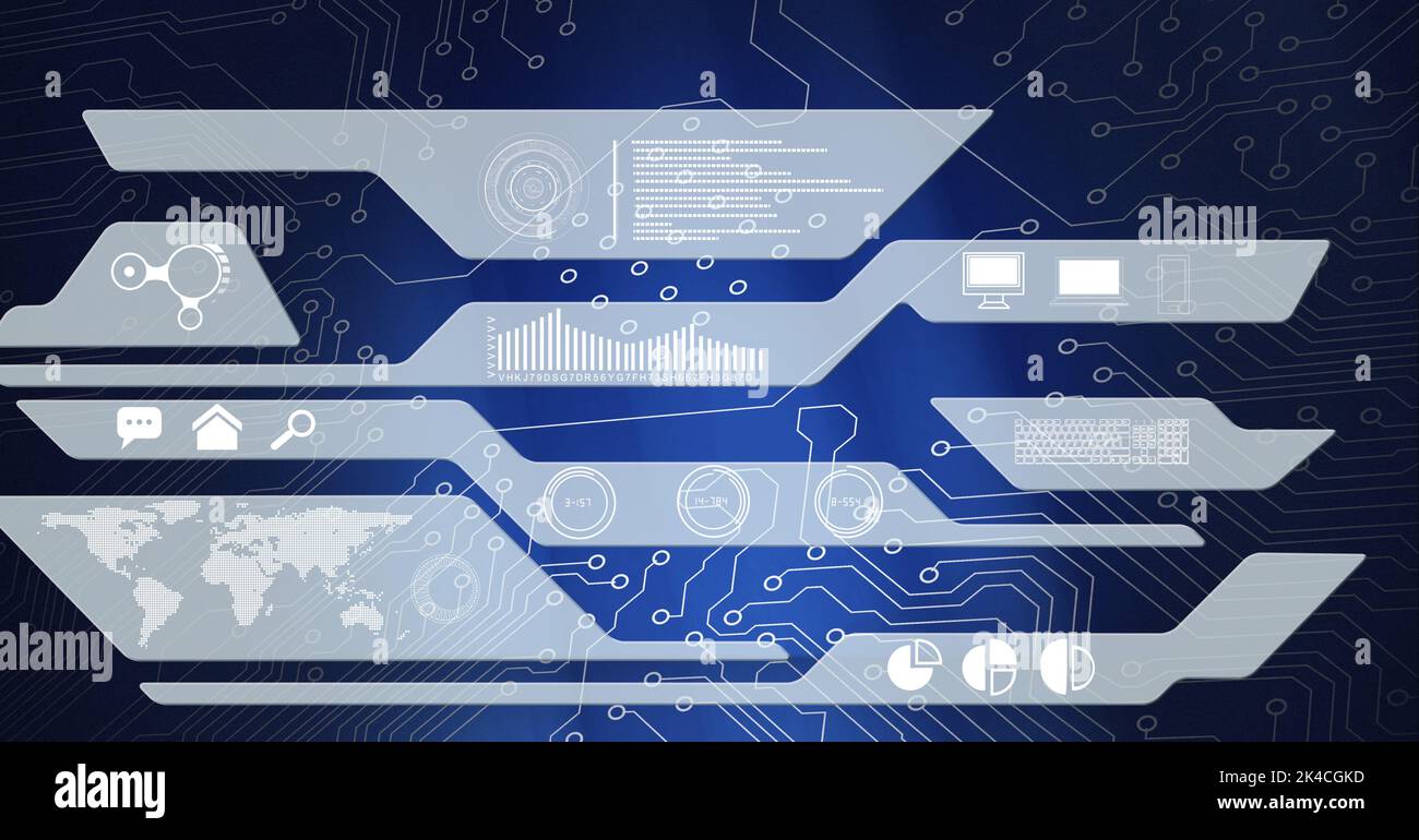 Composition of digital icons over computer circuit board on blue background. global technology, data processing and digital interface concept digitall Stock Photo