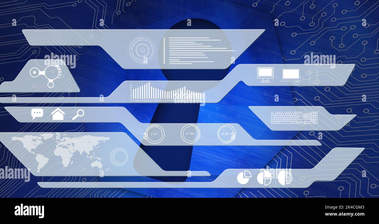Composition of digital icons over computer circuit board on blue background. global technology, data processing and digital interface concept digitall Stock Photo