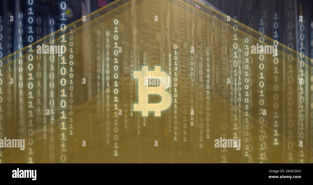 Composition of bitcoin symbol and binary coding processing on yellow background. global cryptocurrency, technology, data processing and digital interf Stock Photo