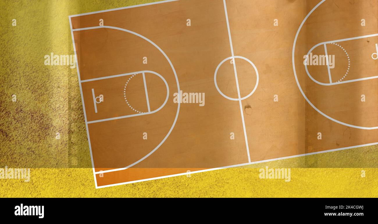 Composition of brown and white basketball court overhead view over